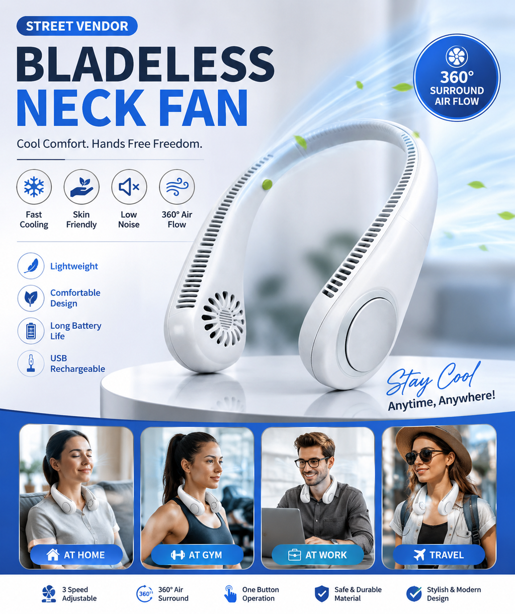 STREET VENDOR™ Premium Silicone Bladeless Neck Fan | Wearable Personal Air Cooler
