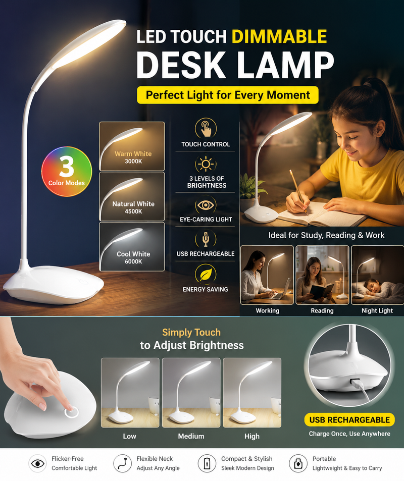 Premium Rechargeable LED Desk Lamp – Touch Sensor, Adjustable Brightness & Eye Comfort