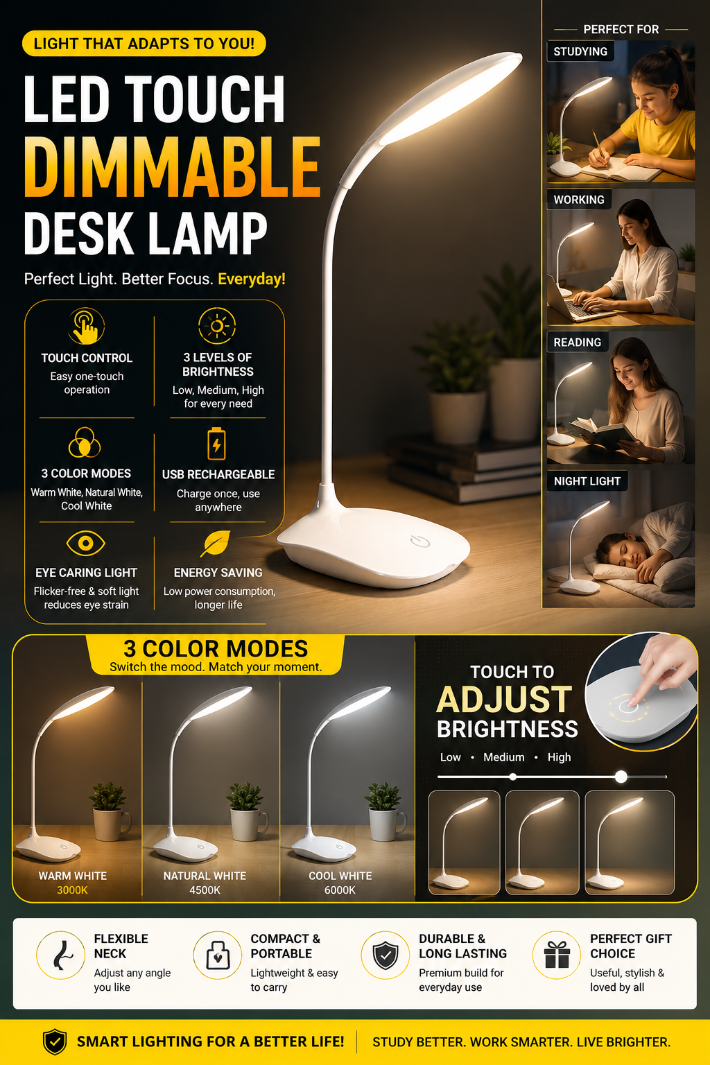 Premium Rechargeable LED Desk Lamp – Touch Sensor, Adjustable Brightness & Eye Comfort