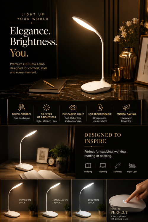 Premium Rechargeable LED Desk Lamp – Touch Sensor, Adjustable Brightness & Eye Comfort