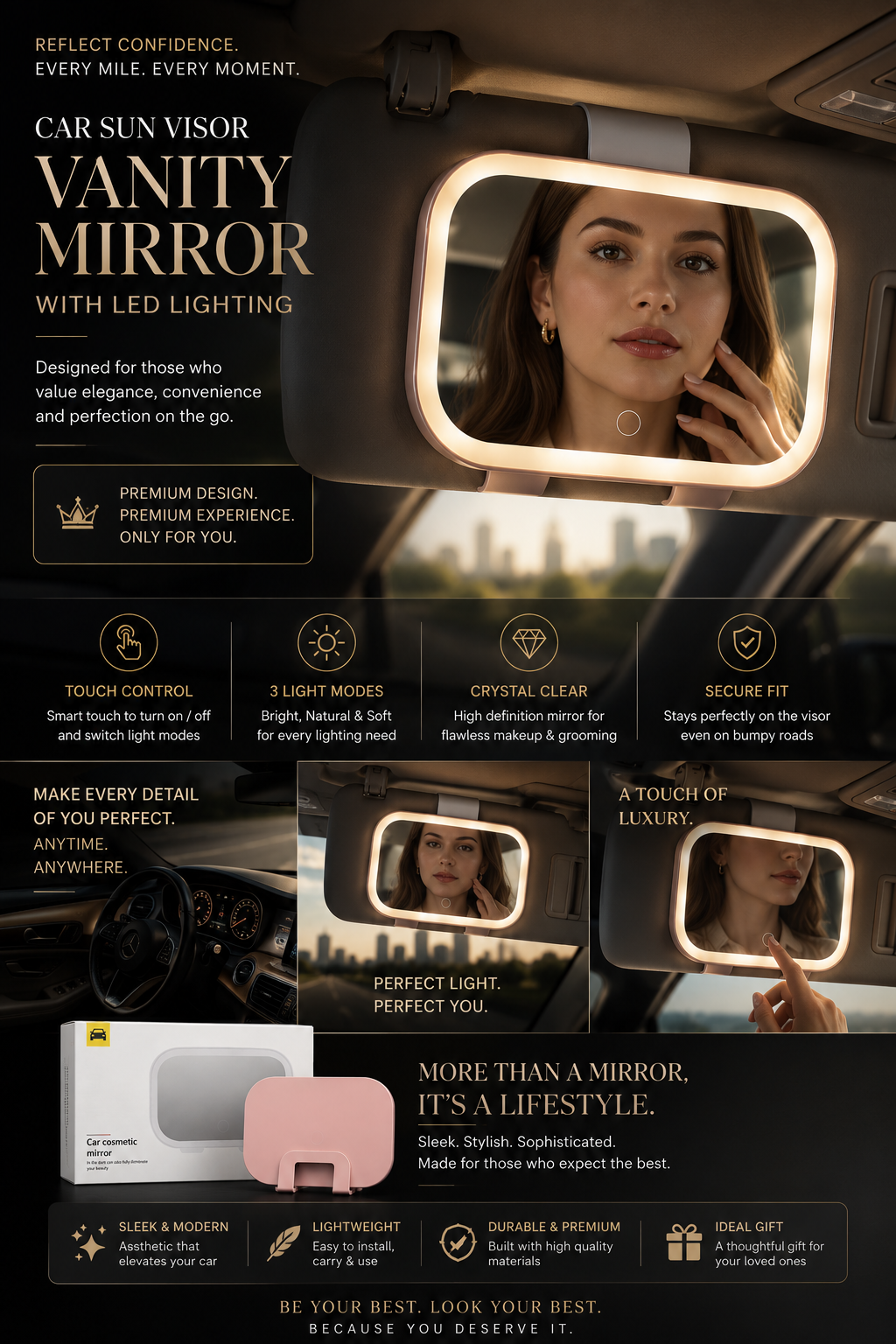 Premium LED Car Sun Visor Makeup Mirror | Rechargeable • Touch Sensor • 3 Lighting Modes