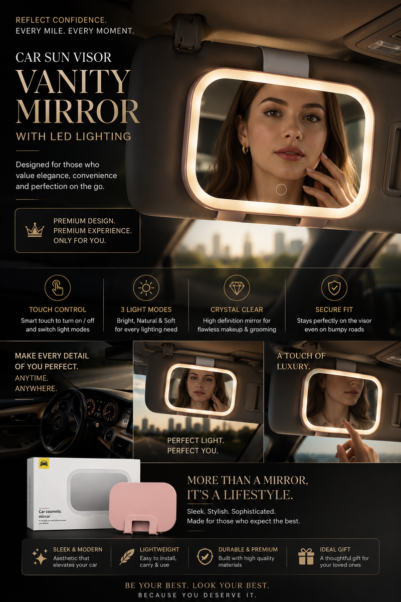 Premium LED Car Sun Visor Makeup Mirror | Rechargeable • Touch Sensor • 3 Lighting Modes