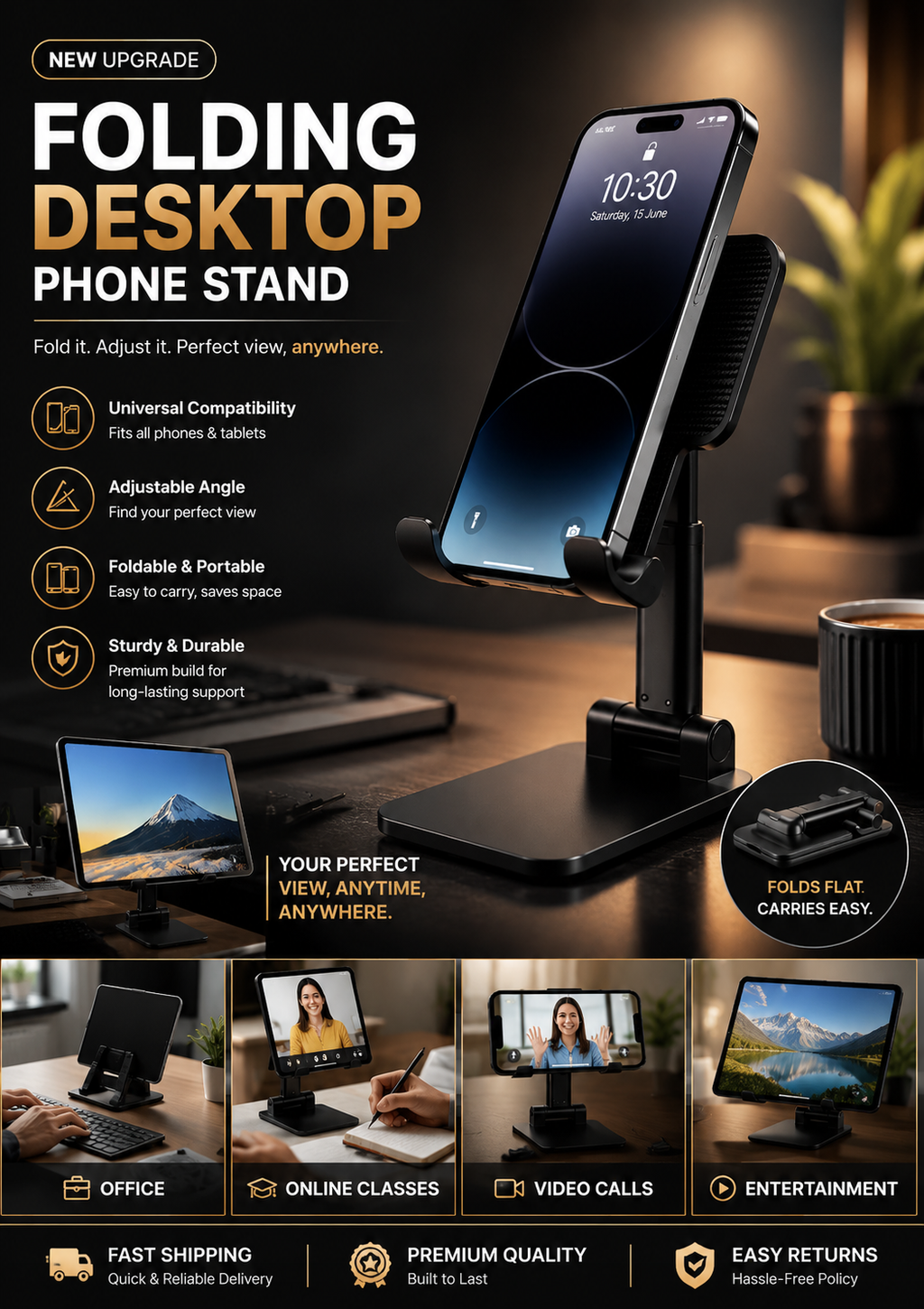 Premium Foldable Desktop Stand for Phones & Tablets | Height Adjustable, Portable & Universal Compatible