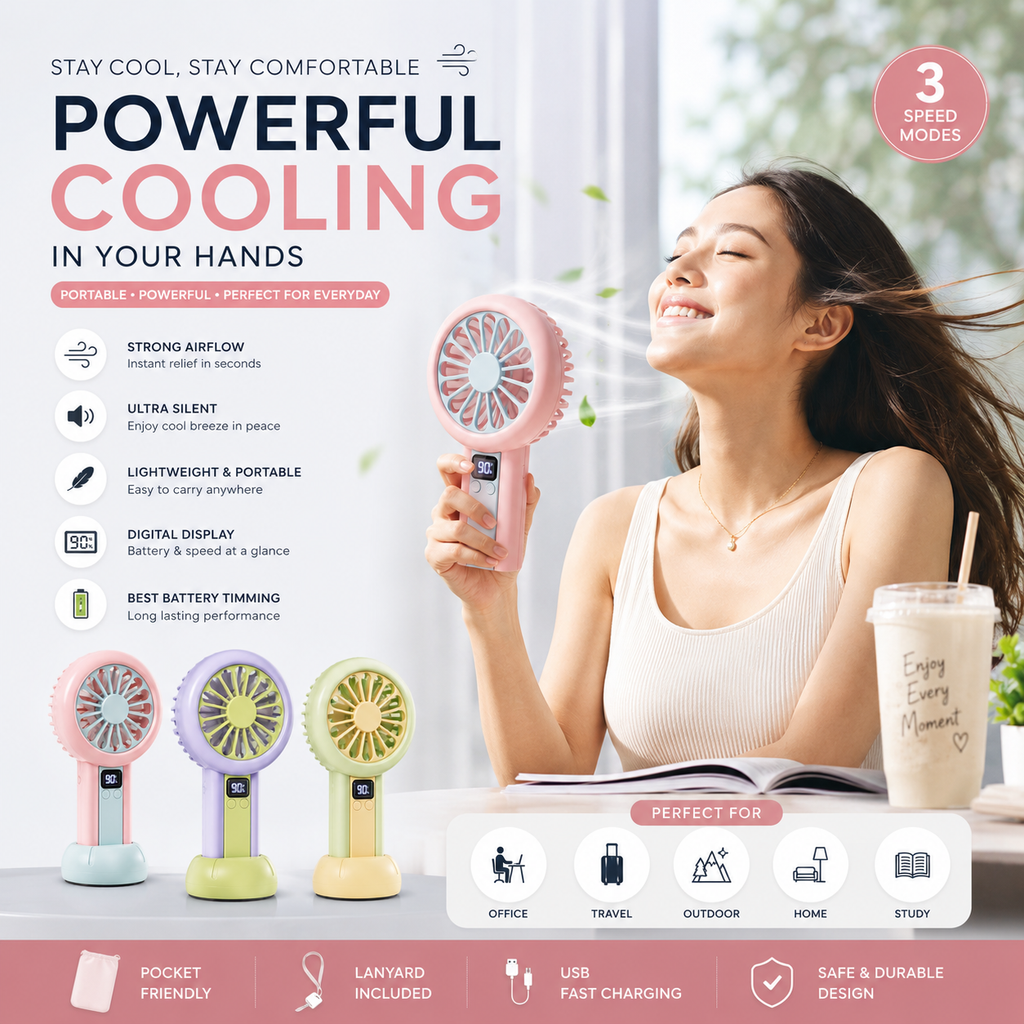 Smart Digital Mini Fan – 100-Speed Rechargeable Portable Cooling Fan with LED Battery Display