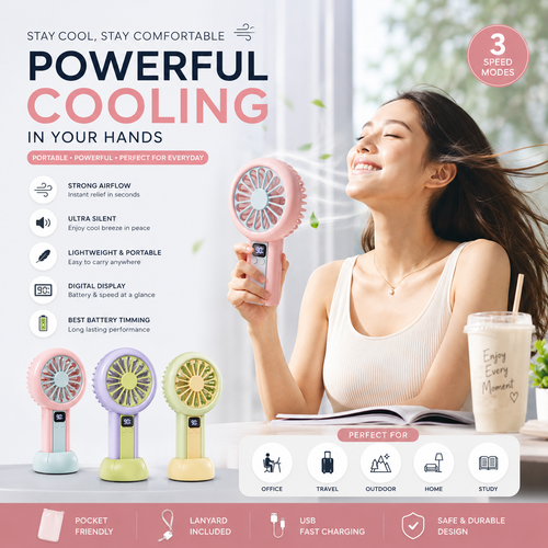 Smart Digital Mini Fan – 100-Speed Rechargeable Portable Cooling Fan with LED Battery Display