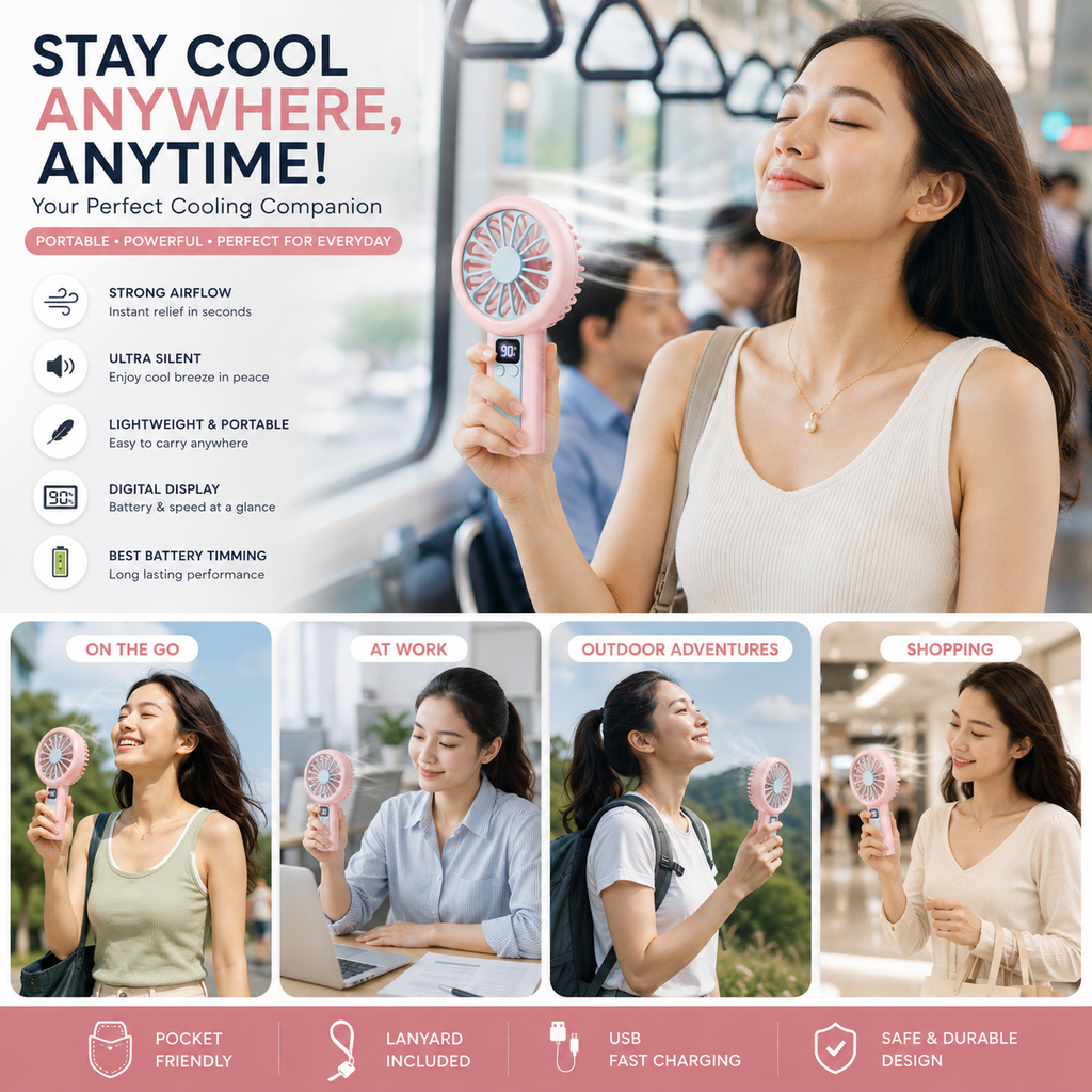 Smart Digital Mini Fan – 100-Speed Rechargeable Portable Cooling Fan with LED Battery Display