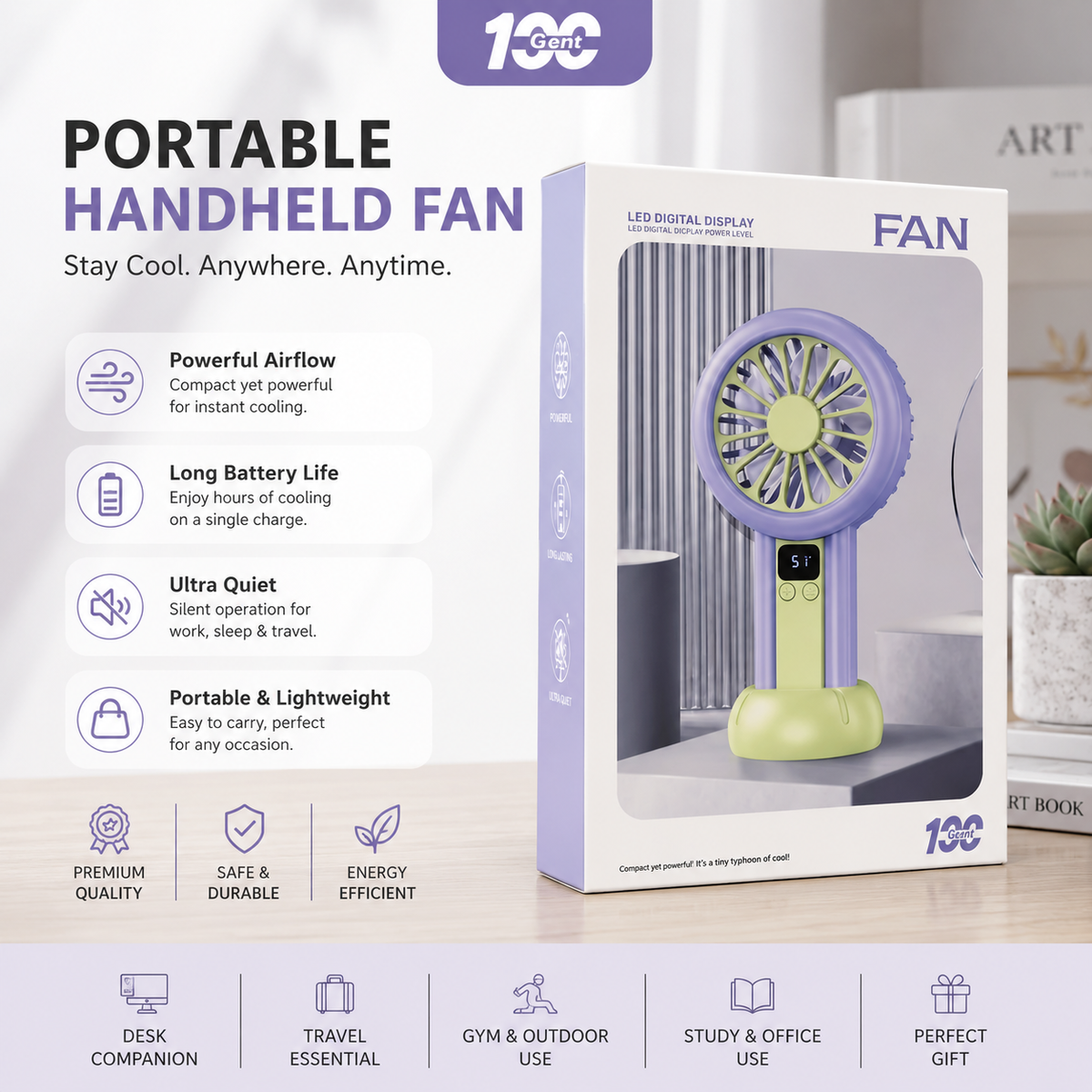 Smart Digital Mini Fan – 100-Speed Rechargeable Portable Cooling Fan with LED Battery Display