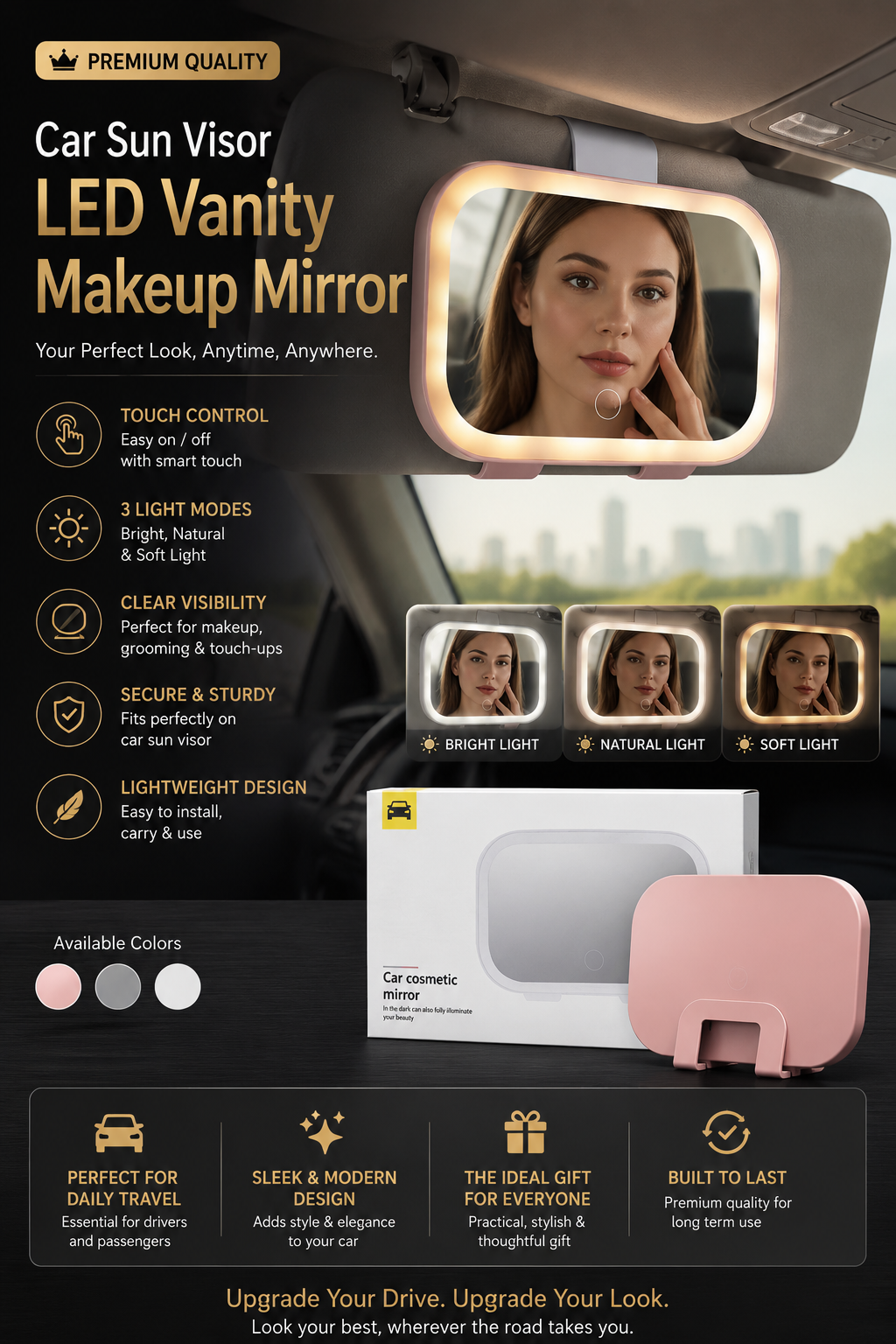Premium LED Car Sun Visor Makeup Mirror | Rechargeable • Touch Sensor • 3 Lighting Modes