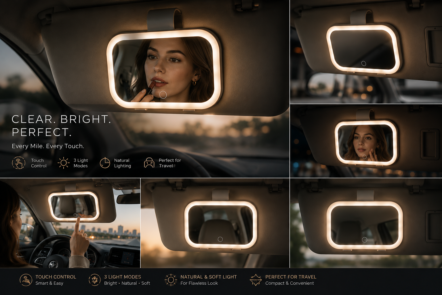 Premium LED Car Sun Visor Makeup Mirror | Rechargeable • Touch Sensor • 3 Lighting Modes