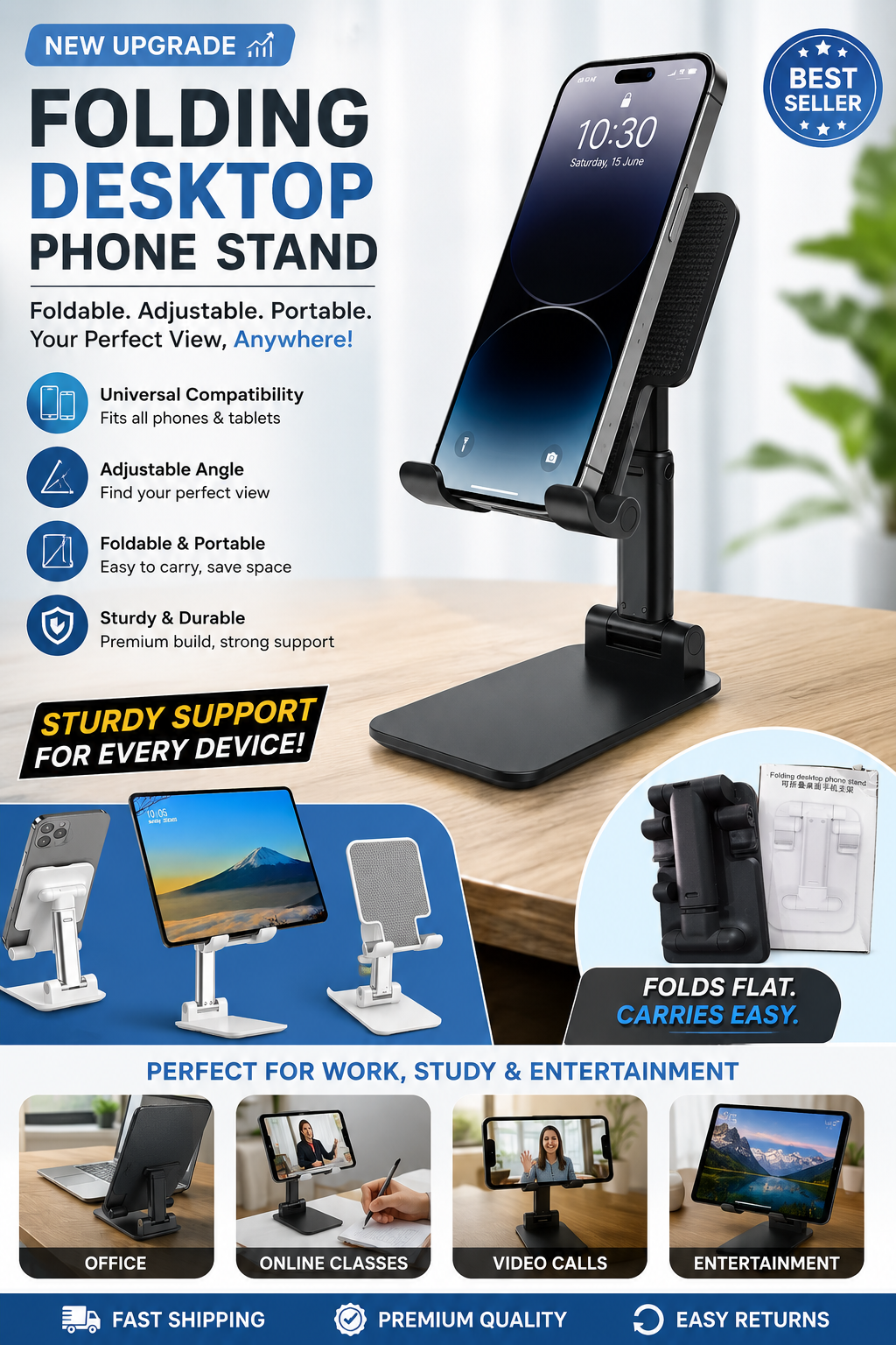 Premium Foldable Desktop Stand for Phones & Tablets | Height Adjustable, Portable & Universal Compatible